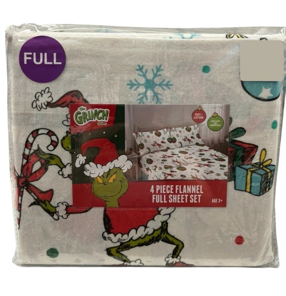 Dr. Seuss The Grinch FULL Flannel Sheet Set 4pc 100% Cotton Merry Grinchmas NEW